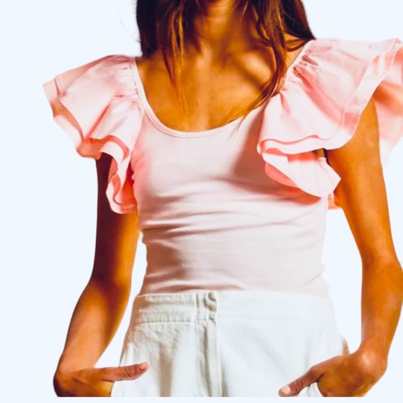 Pink Ribbed Knit Top with Ruffle Sleeves - Picture 2 of 8